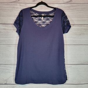 𝅺SPLASH Women's Lace Scoop Neck Shirt Dark Blue Size 2X